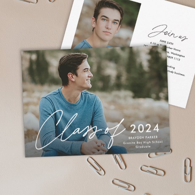 Script Graduating Class Photo Graduation  Invitation (Simple handwritten script Class of 2024 photo graduation invitation announcements.)