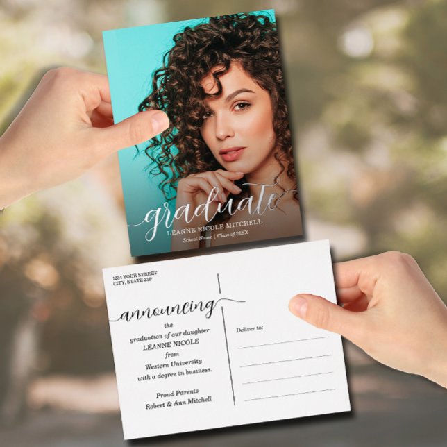 Script Graduation Announcement Foil Postcard (Elegant photo announcement postcards, graduate script in real foil with your details on the back)