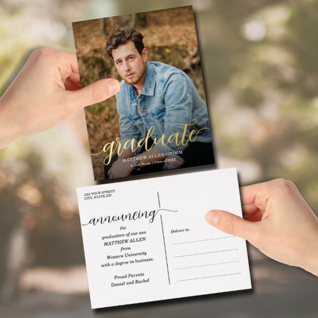 Script Graduation Announcement Foil Postcard (Elegant photo announcement postcards, graduate script in real foil with your details on the back)