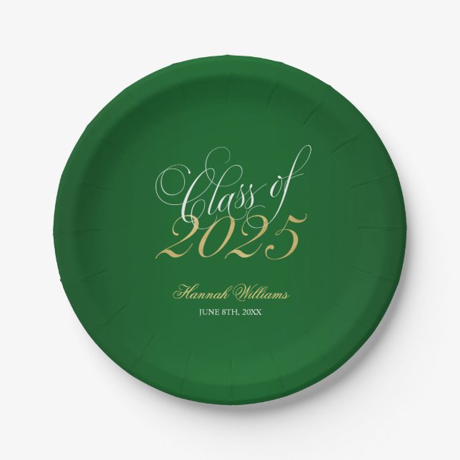 Script Green Faux Gold 2025 Graduation Party Paper Plate (Front)