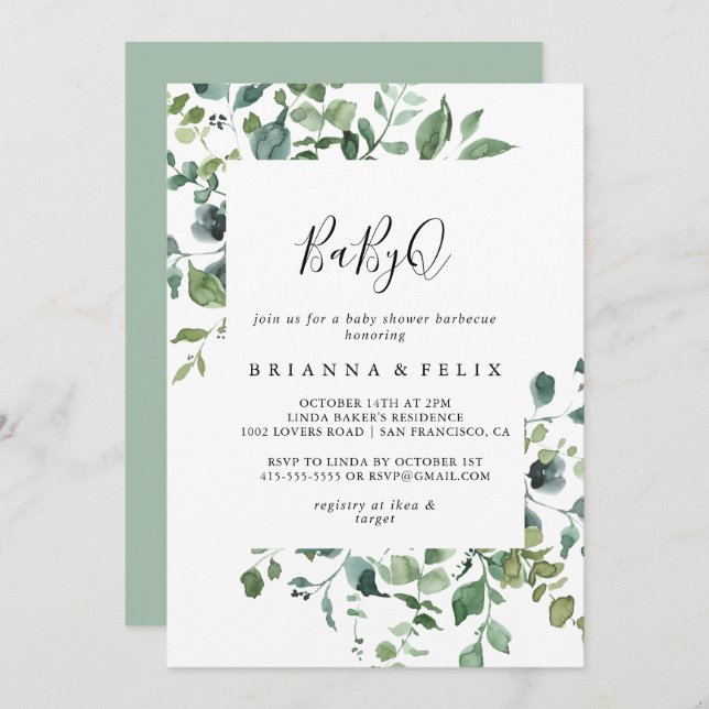 Script Green Foliage BabyQ Baby Shower Barbecue  Invitation (Front/Back)