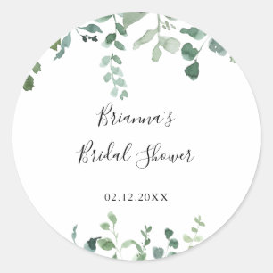 Script Green Foliage Bridal Shower Favour  Classic Round Sticker