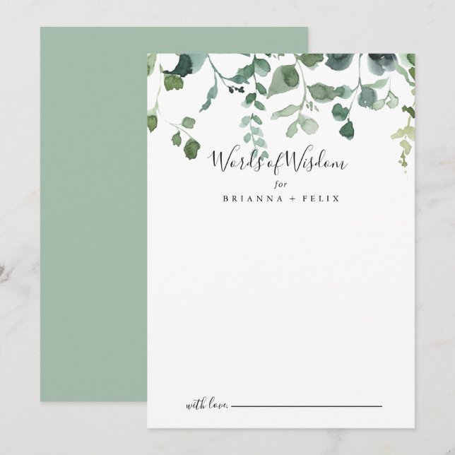 Script Green Foliage Wedding Words of Wisdom  Advice Card (Front/Back)