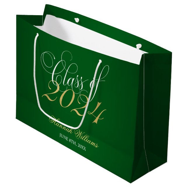 Script Green Gold Class of 2024 Graduation Large Gift Bag (Front Angled)