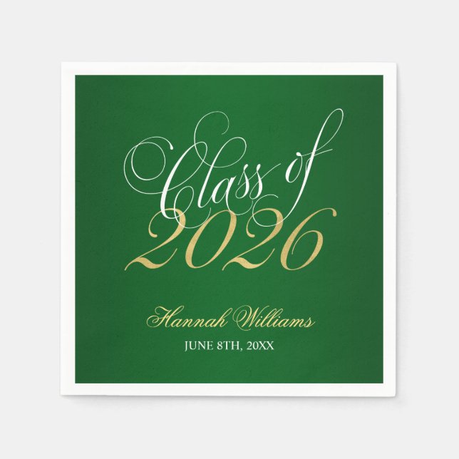 Script Green Gold Class of 2026 Graduation Napkin (Front)