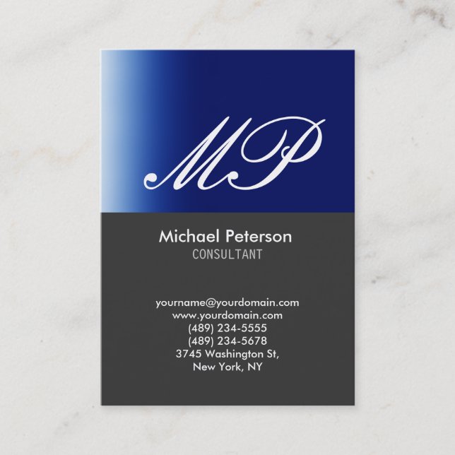 Script Grey Blue Stripe Monogram Business Card (Front)