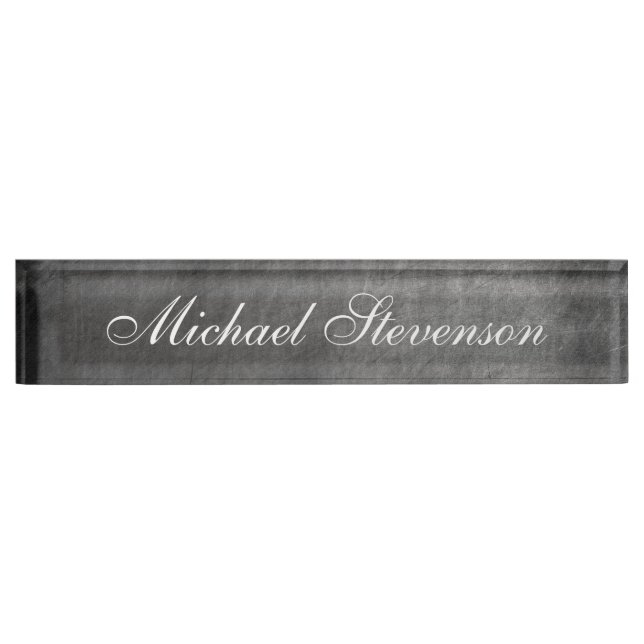 Script Grey Chalkboard Pattern Business Nameplate (Front)