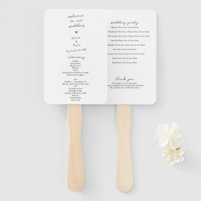Script Hand Written Typography Wedding Program Hand Fan (Front and Back)