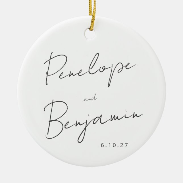 Script Handwriting Black White Wedding Photo Ceramic Ornament (Front)