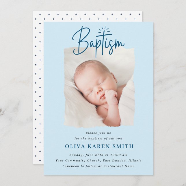 Script Handwritten Baptism Christening Photo Boy  Invitation (Front/Back)