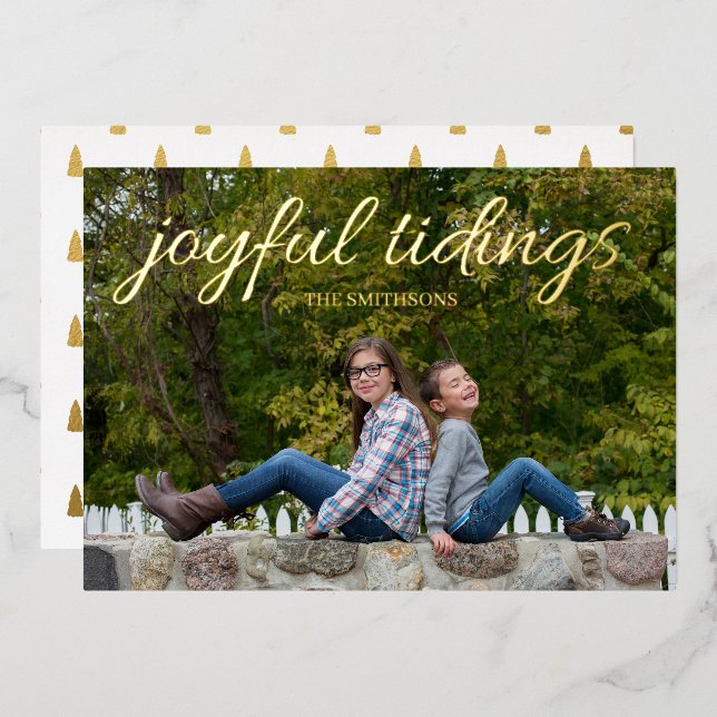 Script Handwritten Joyful Tidings Photo Foil Holiday Card (Front/Back)