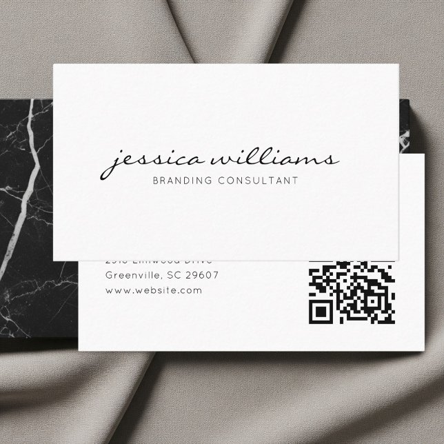 Script Handwritten White Minimalist QR Code Business Card (Creator Uploaded)