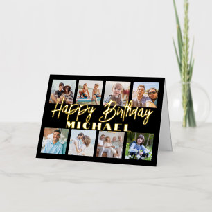 Script Happy Birthday Elegant Black Photo Collage Foil Greeting Card