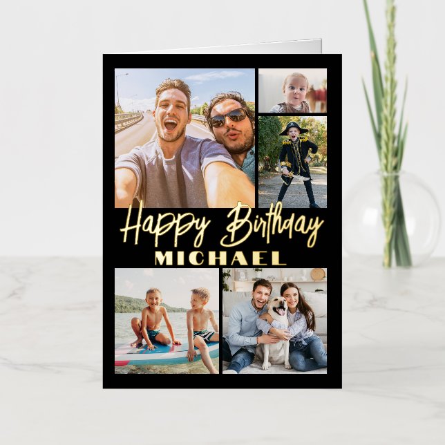 Script Happy Birthday Modern Black 5 Photo Collage Foil Greeting Card (Front)