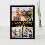 Script Happy Birthday Modern Black 5 Photo Collage Foil Greeting Card<br><div class="desc">Create your own unique happy birthday wish for a family member or friend with a personalised name & 5 photo collage folded foil greeting card. All of the pictures and wording on this template are simple to customise. The colours and font styles are also easy to change with the Zazzle...</div>