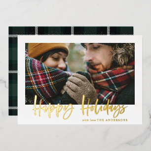 script happy holidays green tartan photo foil holiday card