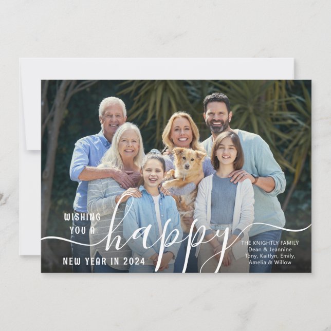 Script HAPPY NEW YEAR Photo Overlay 2024 Calendar Holiday Card (Front)