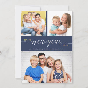 Script Happy New Year Typography 3 Photos Blue Holiday Card