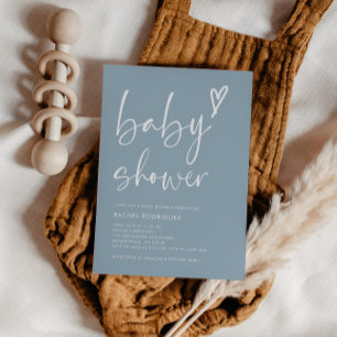 Script Heart Dusty Blue Boy Baby Shower Invitation