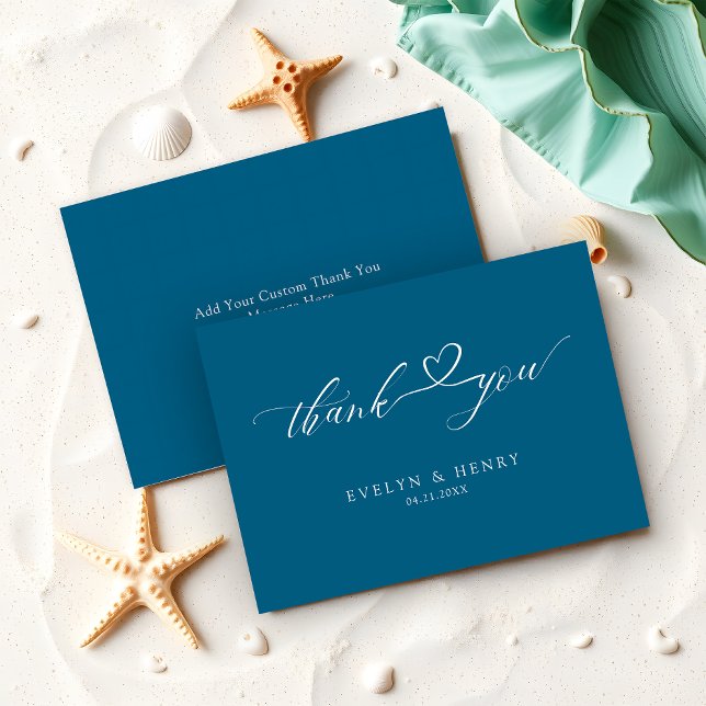 Script Heart Ocean Blue Wedding Budget Thank You Card (Creator Uploaded)