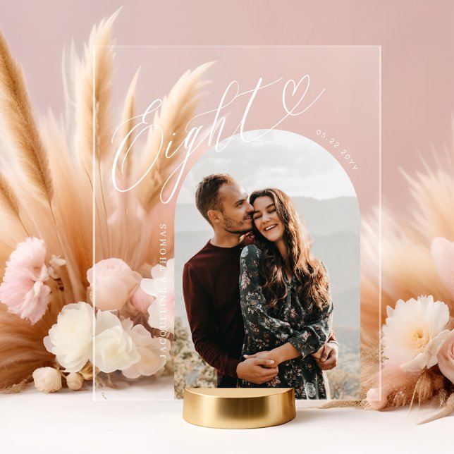Script Heart Photo Wedding Table Number Eight Acrylic Sign (Script Heart Photo Wedding Table Number Eight Acrylic Sign)