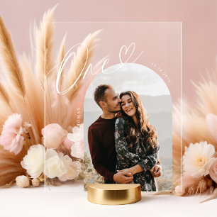 Script Heart Photo Wedding Table Number One Acrylic Sign
