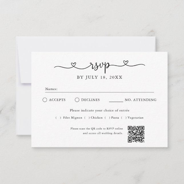 Script Heart QR Code Photo Off White RSVP Card (Front)