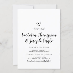 Script Heart Slanted Black White  Modern Wedding   Invitation