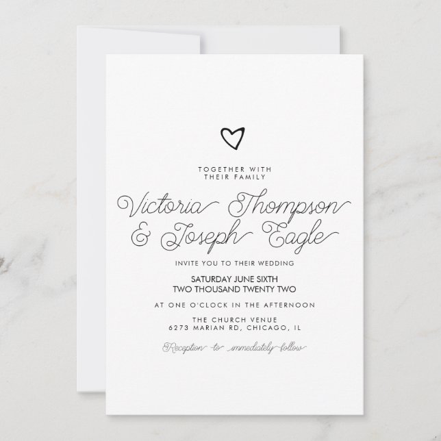 Script Heart Slanted Black White Modern Wedding    Invitation (Front)
