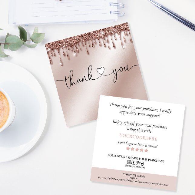 script heart thank you for order rose gold drips square business card (Creator Uploaded)