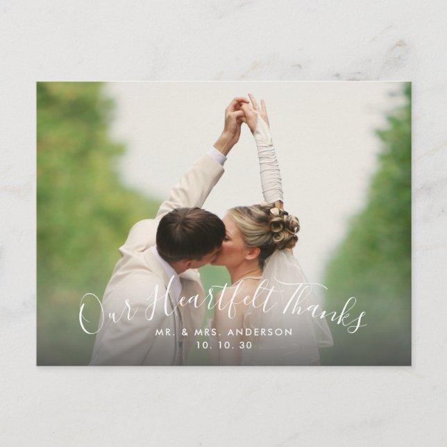 Script Heartfelt Thanks 2 Photo Wedding Thank You Postcard (Front)
