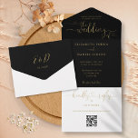 Script Hearts Black And Gold QR Code Wedding All In One Invitation<br><div class="desc">All in one black and gold wedding invitation featuring elegant hearts script typography and monogram initials. The invitation includes a perforated RSVP card with your personalised wedding QR code. Designed by Thisisnotme©</div>