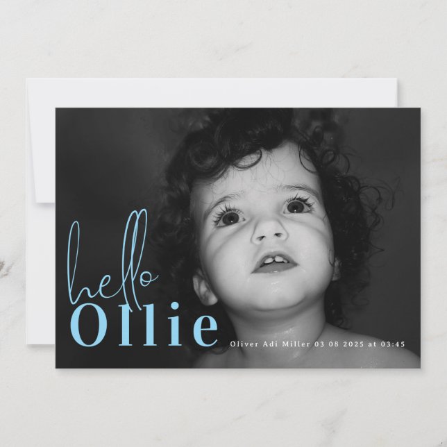 Script Hello Name Blue Boy Minimalist Photo Baby Announcement (Front)