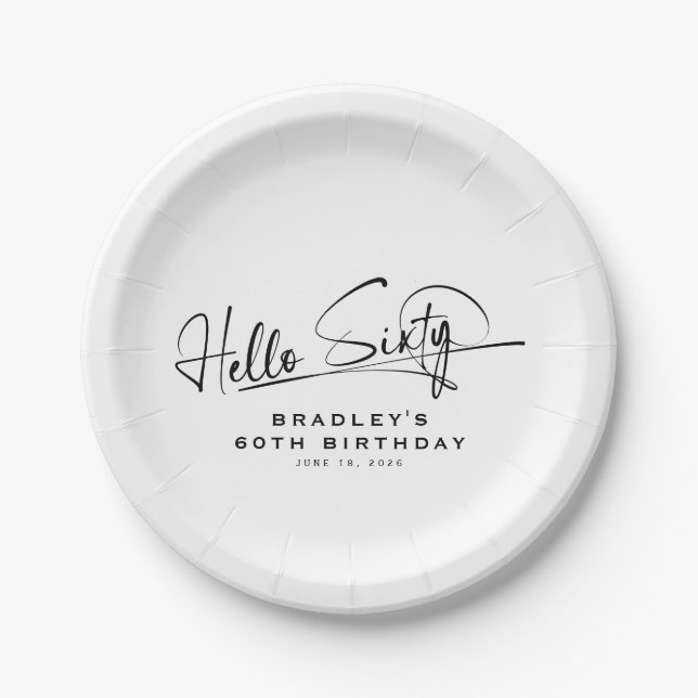 Script Hello Sixty Minimalist 60th Birthday Paper Plate (Front)