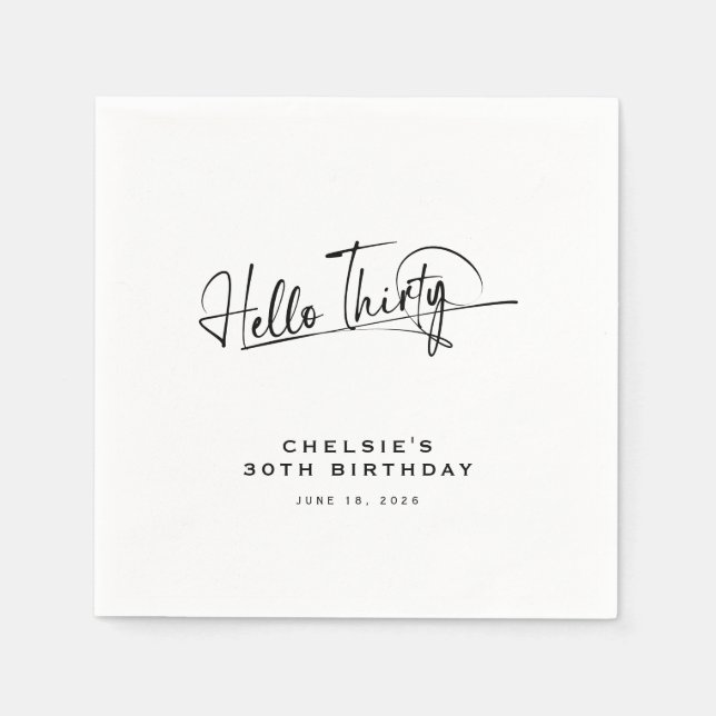 Script Hello Thirty Minimalist 30th Birthday Napkin (Front)