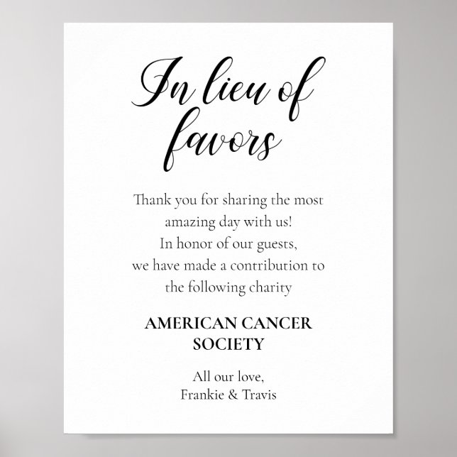 Script In Lieu Of Favours Charity Donation Wedding Poster (Front)