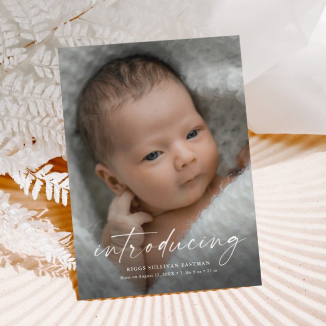 Script Introducing Baby Photo Thank You Postcard (Simple elegant script baby photo brith announcement postcard.)
