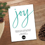 Script JOY - Modern Aqua White with Business Logo Holiday Card<br><div class="desc">A modern look for a corporate holiday card with the New Year with a greeting that can be used for any business. Add your logo and simple text to this unique design. If you need to move anything around, click on the customise button to make changes. For advanced users, you...</div>