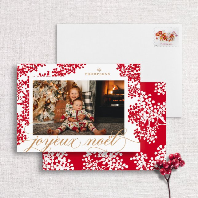 Script Joyeux Noel Red Berries Photo Card (Creator Uploaded)