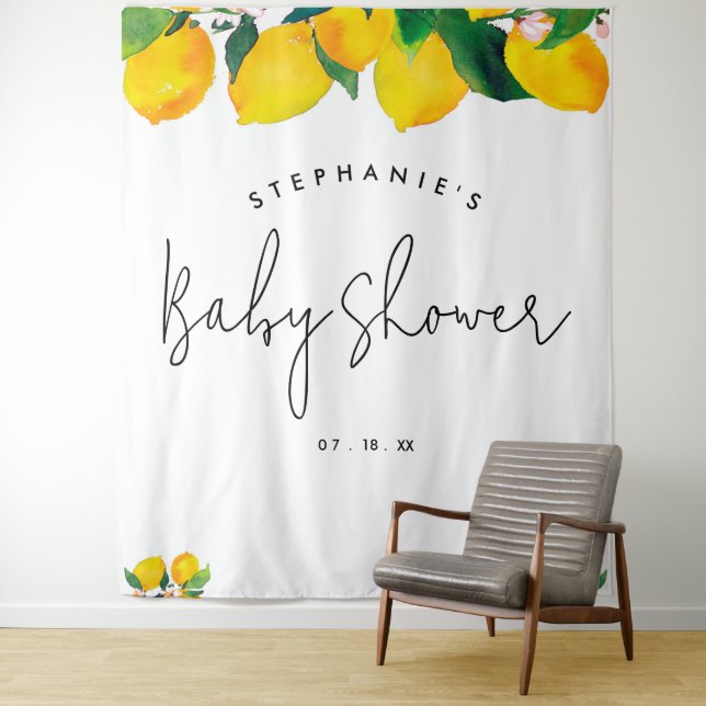 Script Lemon Baby Shower Photo Booth Backdrop Tapestry (In Situ)