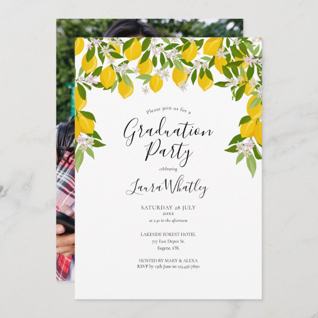 Script Lemons Blossom Photo Graduation Party Invitation (Front/Back)