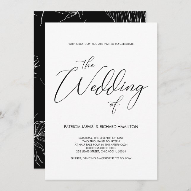 Script Lettering Black & White Wedding Invitations (Front/Back)