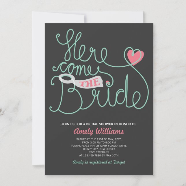 Script Lettering Grey Mint Bridal Shower Invite (Front)