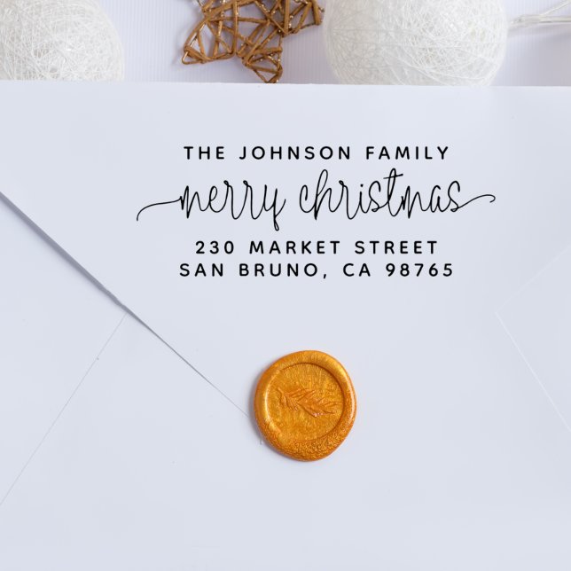 Script Lettering Merry Christmas & Family Name Rubber Stamp (Rubber Stamp Mock-up)