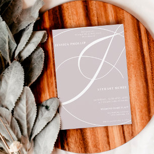 Script lilac grey photo calligraphy wedding invitation