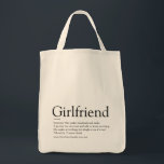 Script Love Heart Girlfriend Definition Tote Bag<br><div class="desc">Personalise for your girlfriend to create a unique valentine,  Christmas or birthday gift. A perfect way to show her how amazing she is every day. Designed by Thisisnotme©</div>