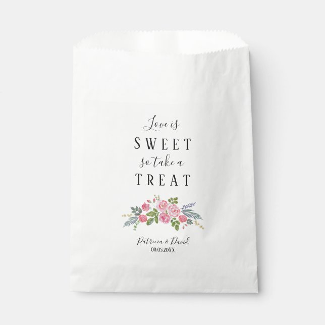 Script Love is Sweet Pink Floral Wedding Favour Ba Favour Bag (Front)