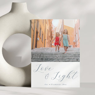 Script Love Light Simple Hanukkah 2 Blue Photo Holiday Card