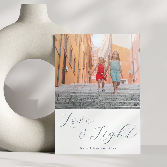 Script Love Light Simple Hanukkah 2 Blue Photo Holiday Card (Creator Uploaded)