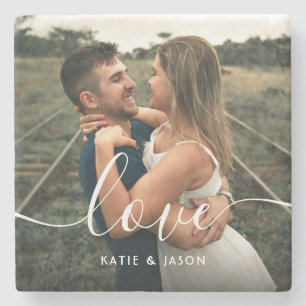 Script Love Wedding Photo Stone Coaster